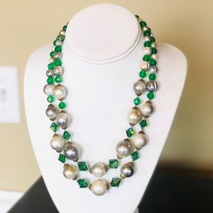 Vintage Green Crystal and Pearl 2 Strand Necklace